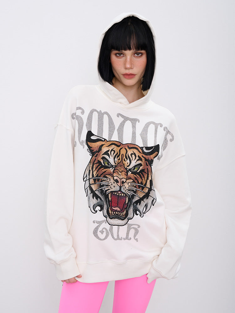 TCH Tiger Rhinestone Long Sleeve Graphic Hoodie white HighEnd Luxury Streetwear Brand Official Showcase
