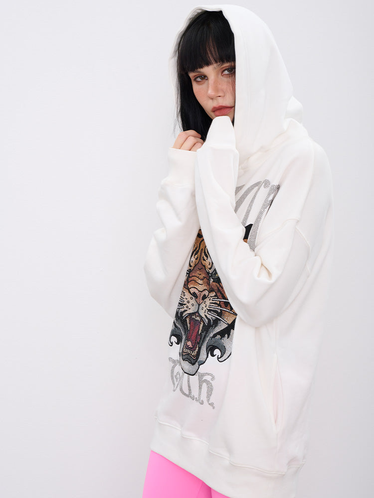 TCH Tiger Rhinestone Long Sleeve Graphic Hoodie white HighEnd Luxury Streetwear Brand Official Showcase