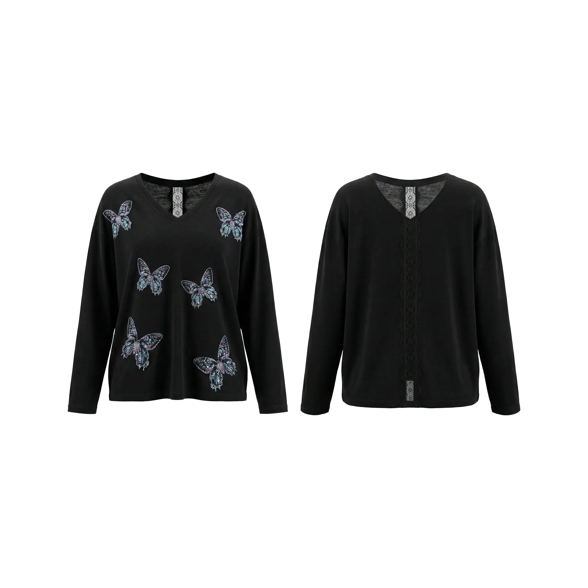 Black long-sleeve shirt with butterfly designs on a white background, TCH V-Neck Rhinestone Butterfly Long Sleeve Top
