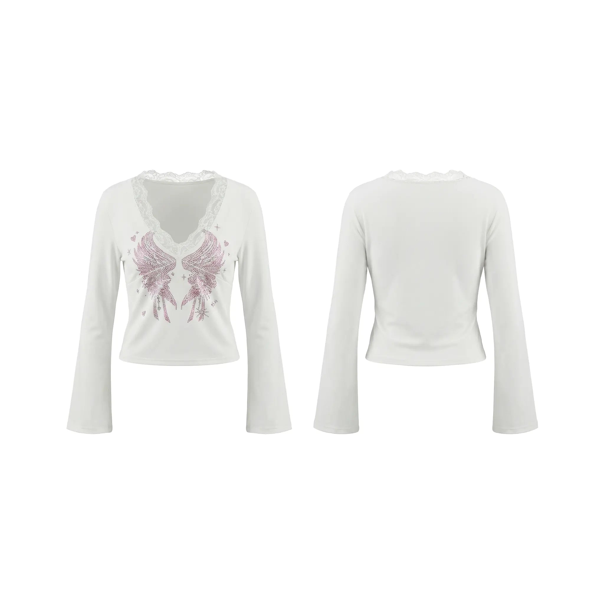 White long-sleeve shirt with pink butterfly design on a white background, TCH White Lace Trim V-Neck Rhinestone Wing Long Sleeve Top
