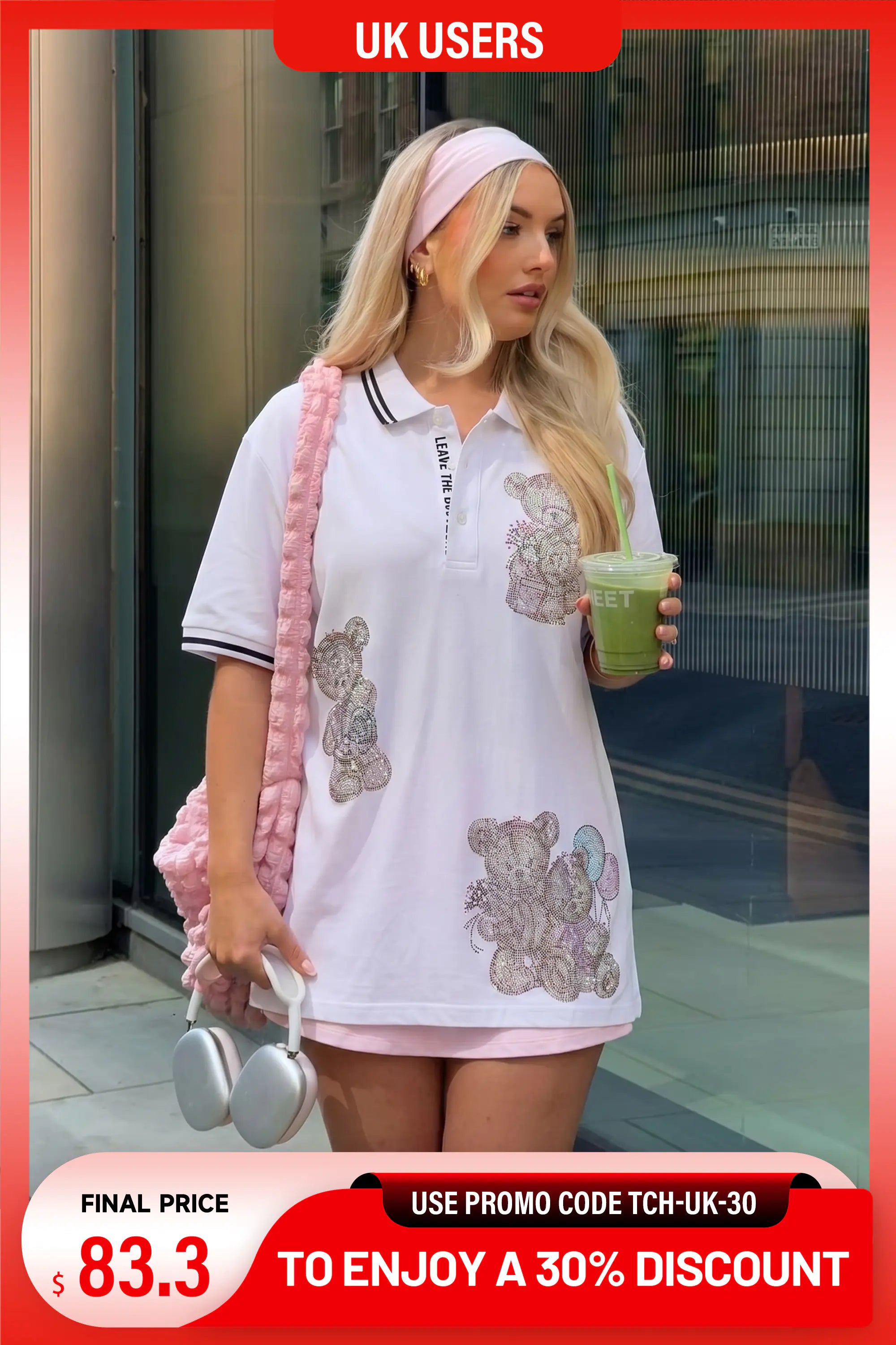 A woman wearing a white short-sleeve polo shirt with teddy bear graphics, pink shorts, and a pink headband, holding a green drink and carrying a pink bag. The image has promotional text overlays for UK users showing a discount. TCH White Teddy Bear Embellished Polo Shirt