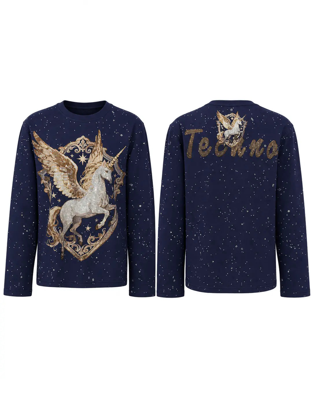 A navy blue long-sleeve crewneck sweatshirt with a speckled starry pattern, featuring a large gold and silver Pegasus graphic on the front and 'Techno' in gold script on the back. TCH Winged Unicorn Starry Rhinestone Long Sleeve T-Shirt