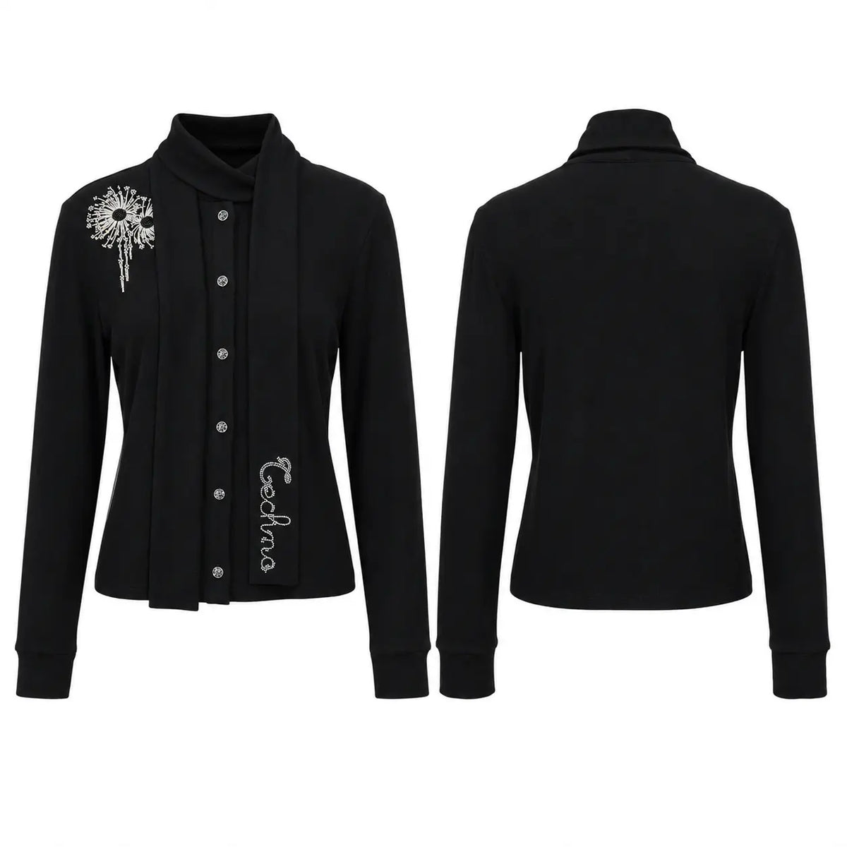 TCH Women's Black Rhinestone Scarf Collar Long Sleeve Top Luxury Streetwear Brand Official Showcase