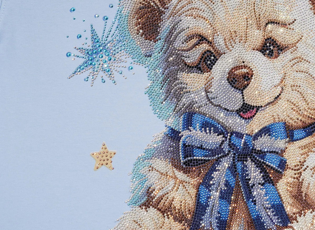Close-up of a diamond painting or bead art design featuring a smiling teddy bear with a blue bow, set against a light blue background with a blue star and a small gold star. TCH Women's Blue Teddy Bear Graphic Oversized T-Shirt