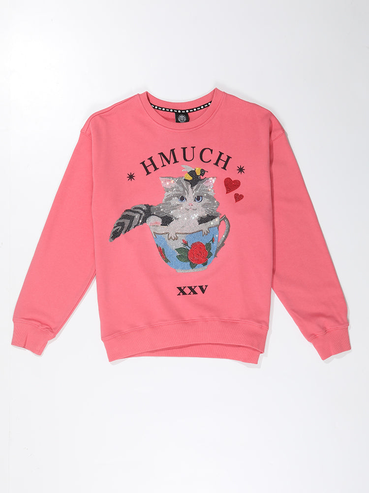tch women's cat rhinestone long sleeve sweatshirt pink HighEnd Luxury Streetwear Brand Official Showcase
