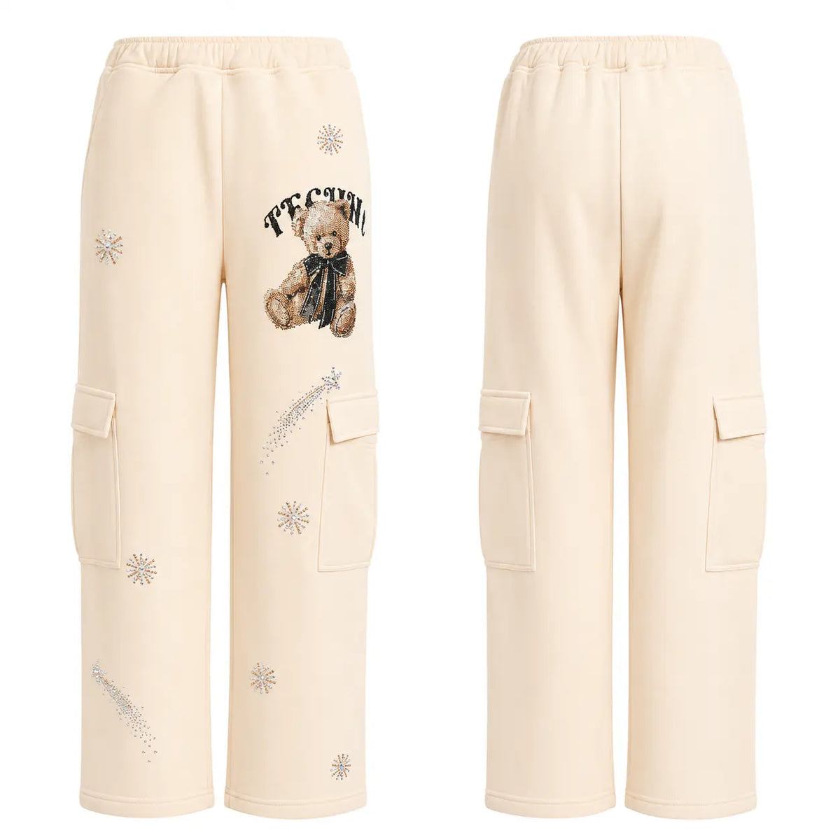 Front and back views of cream-colored cargo sweatpants. The front view features an embroidered brown teddy bear with a black bow and the text 'PETE & MALL' on the left leg, along with small star and comet motifs. TCH Women’s Cream Cargo Sweatpants with Teddy Bear Rhinestone Graphic