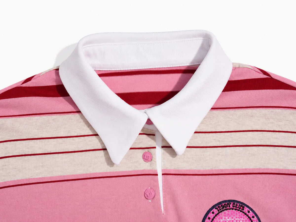 Close-up of a striped polo shirt collar and upper chest area. The shirt has a white collar, pink body, and horizontal stripes in dark red and light beige. TCH Women's Striped Polo Mini Dress