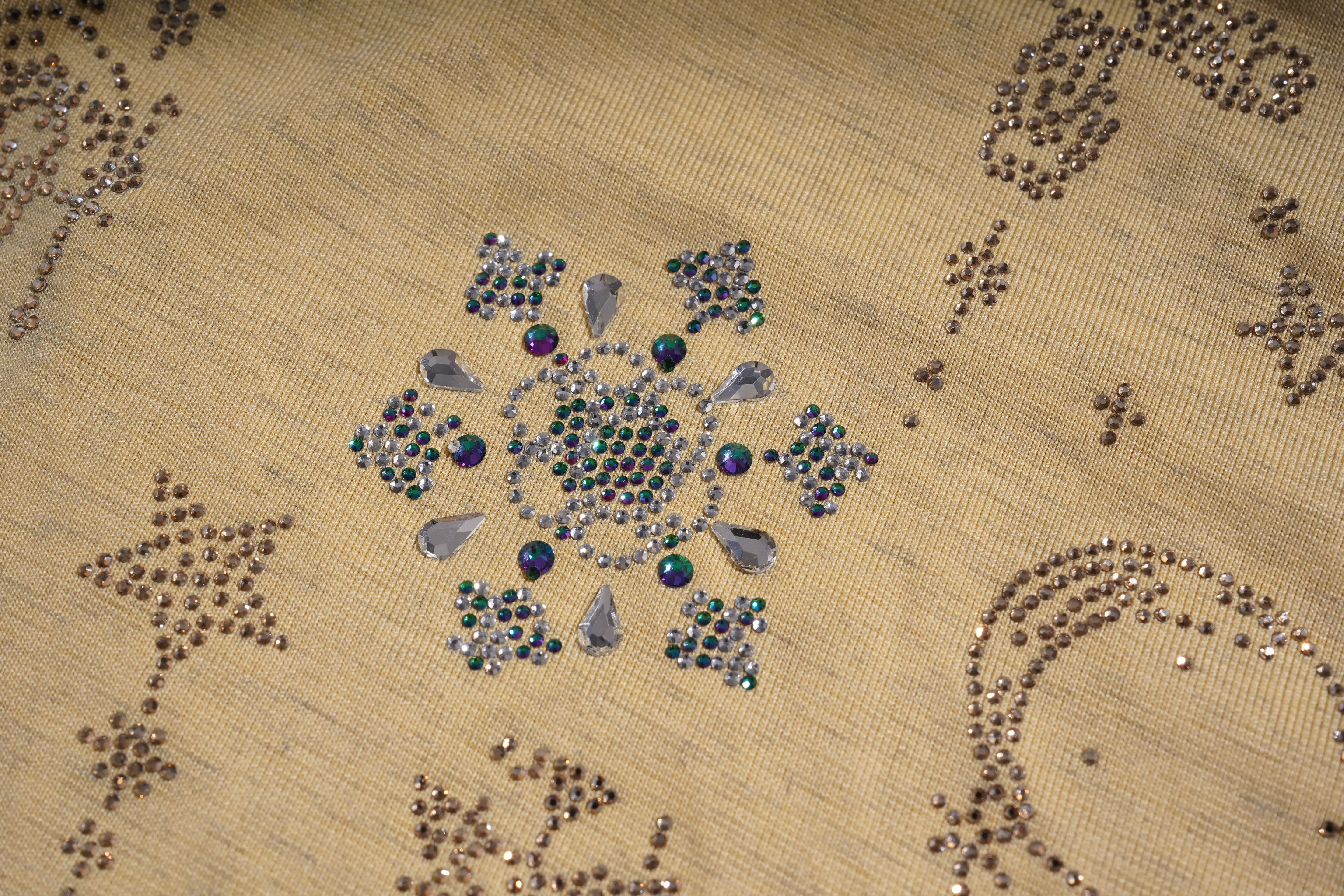 Decorative pattern with rhinestones on a beige fabric background, TCH Yellow Butterfly Pajama Set
