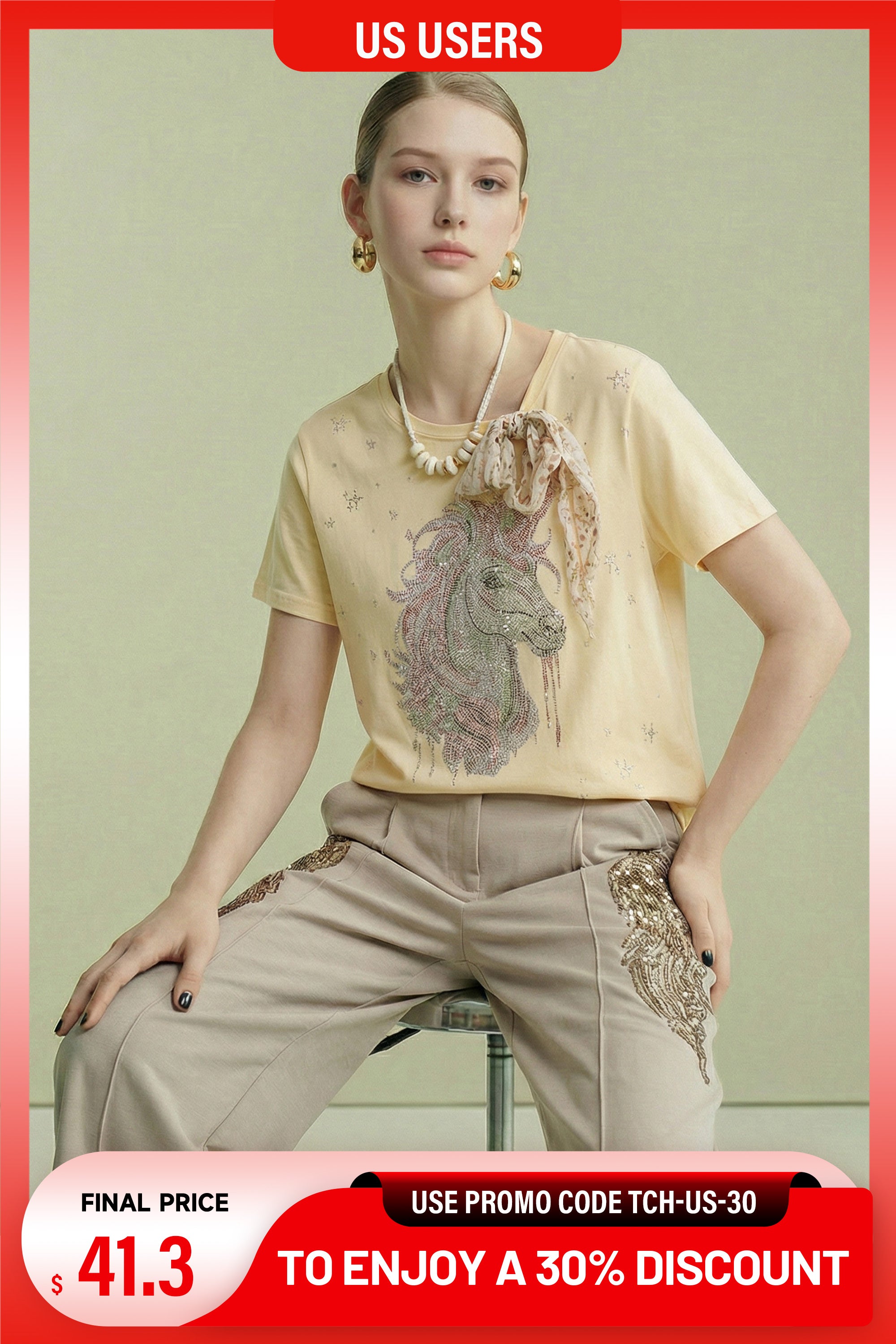Person wearing a gray t-shirt with colorful graphic design and 'Techno' text, standing outdoors. TCH Yellow Rhinestone Realistic Unicorn Graphic Bow Detail T-Shirt