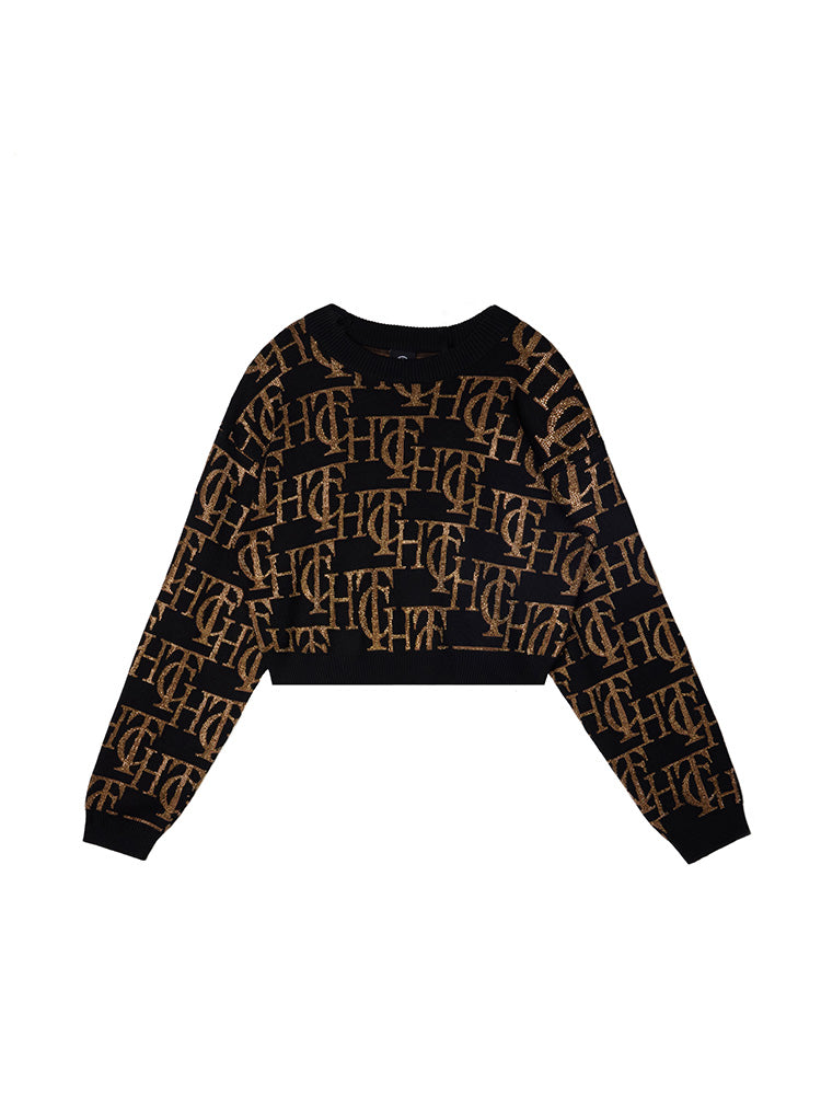 TCH Gold Rhinestone Allover Logo Print Cropped Sweater