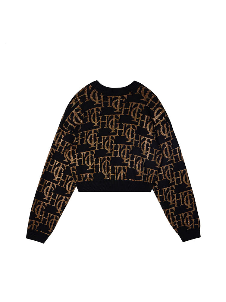TCH Gold Rhinestone Allover Logo Print Cropped Sweater