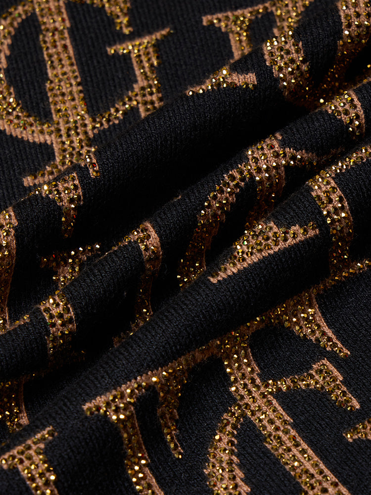 TCH Gold Rhinestone Allover Logo Print Cropped Sweater