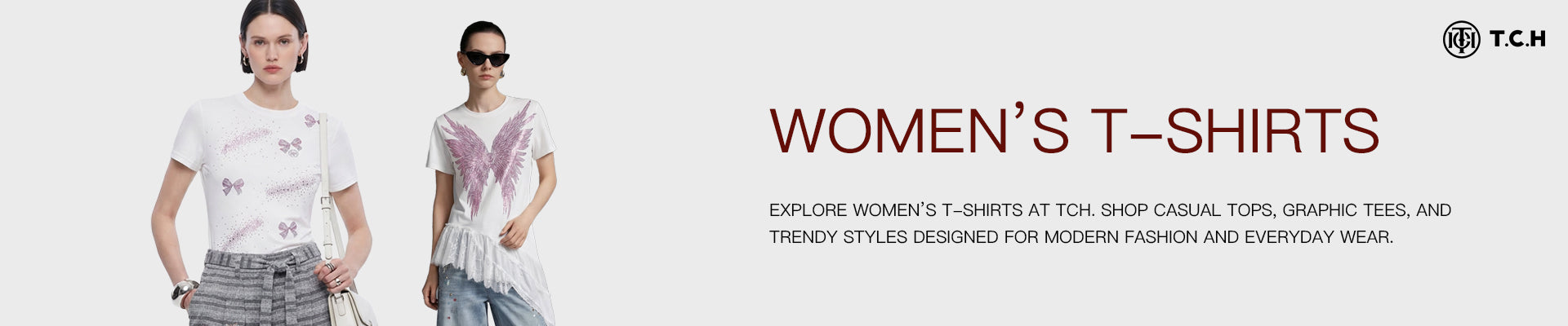 Two women wearing white t-shirts with red patterns, standing side by side against a white background. Text promotes women's t-shirts from TCH.