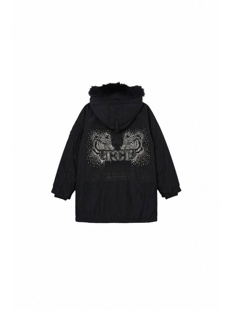 TCH Rhinestone Graphic Fur-Lined Puffer Jacket