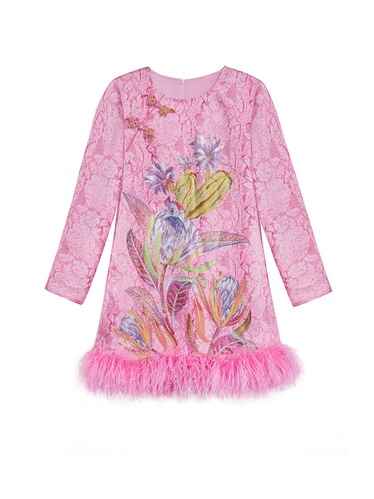 TCH Rhinestone Jacquard Floral Feather Trim Mini Dress