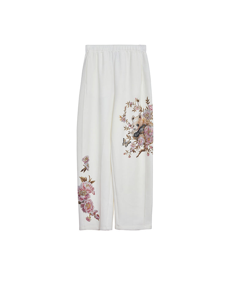 TCH Panda& Flower Print Rhinestone Wide Leg Pants