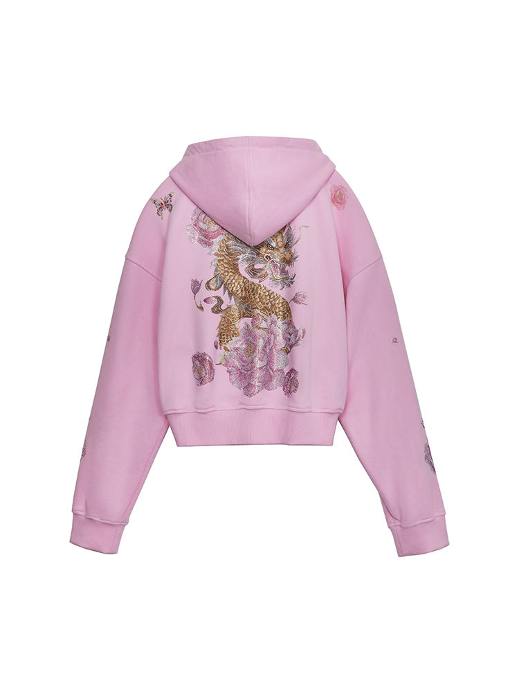 TCH Luxury Dragon Rhinestone Sparkle Sweatshirt with Floral Sleeve