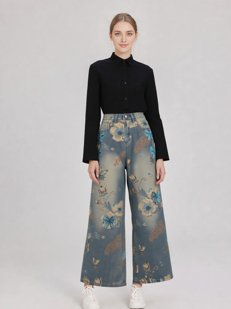 TCH Floral Graphic Rhinestone Wide Leg Jeans
