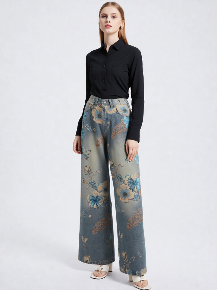 TCH Floral Graphic Rhinestone Wide Leg Jeans