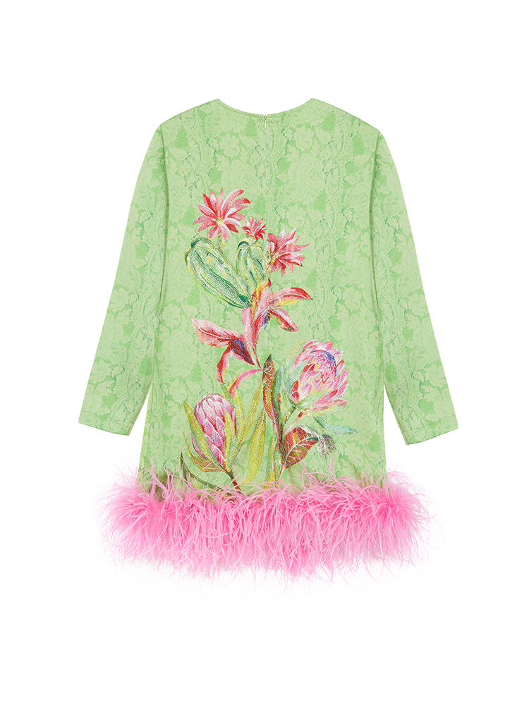 TCH Rhinestone Jacquard Floral Feather Trim Mini Dress