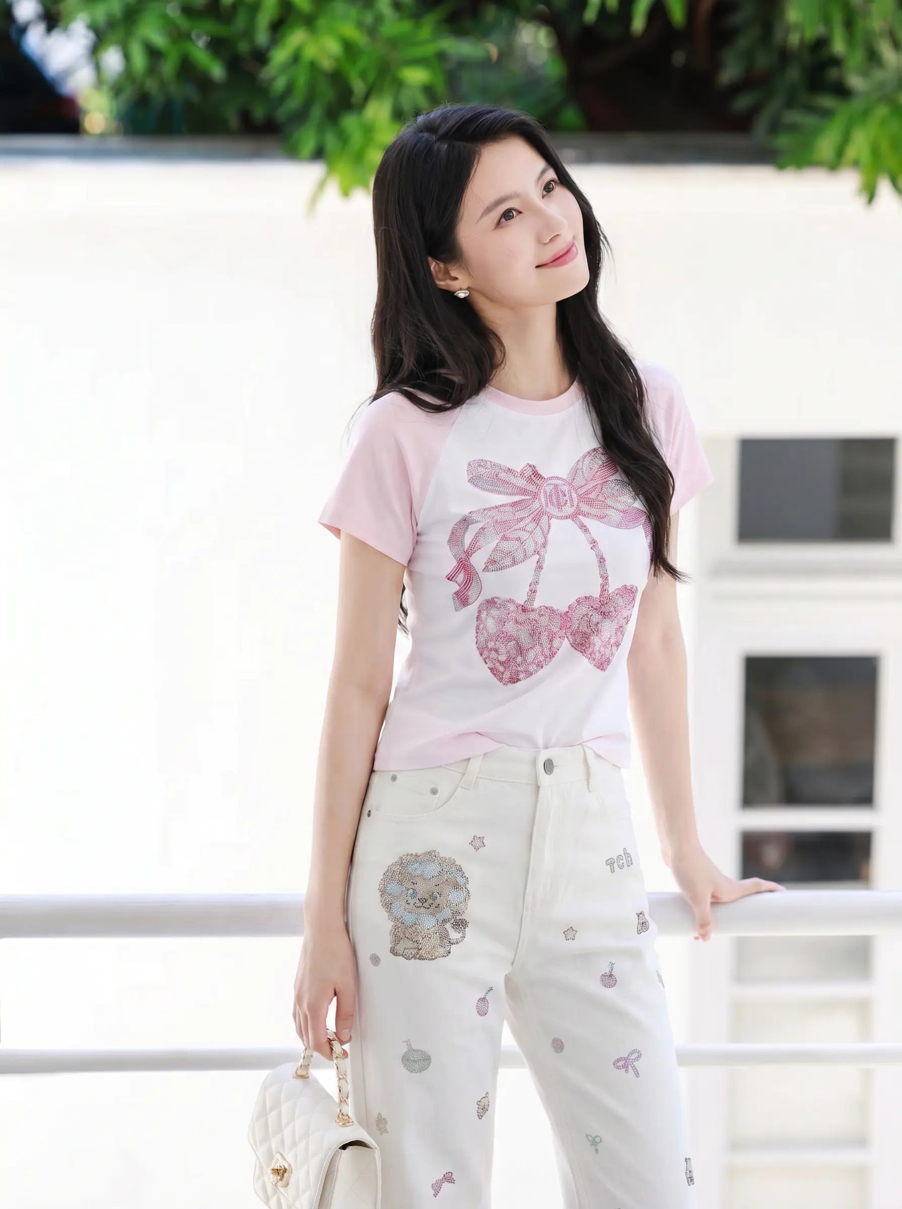 TCH Pink Bow Rhinestone Graphic Raglan T-Shirt