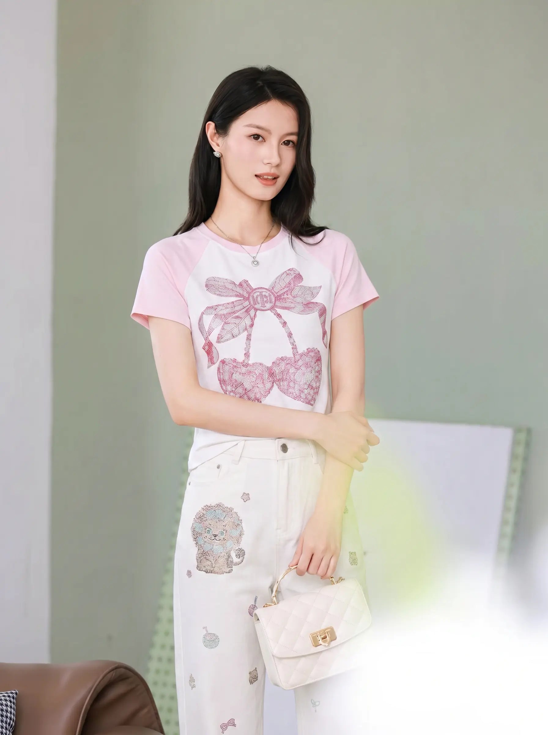 TCH Pink Bow Rhinestone Graphic Raglan T-Shirt