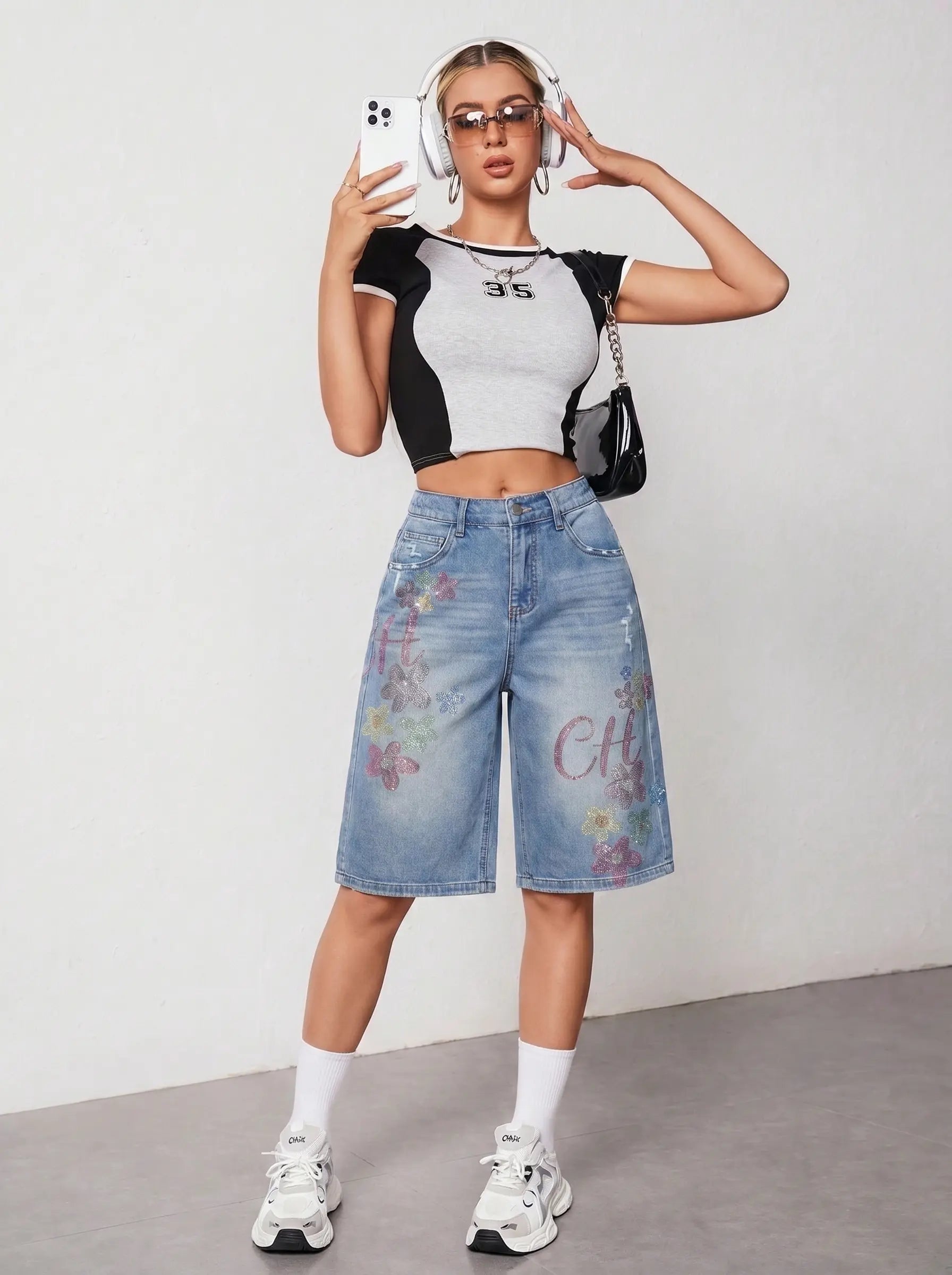 TCH Rhinestone Floral Logo Wide-Leg Denim Shorts