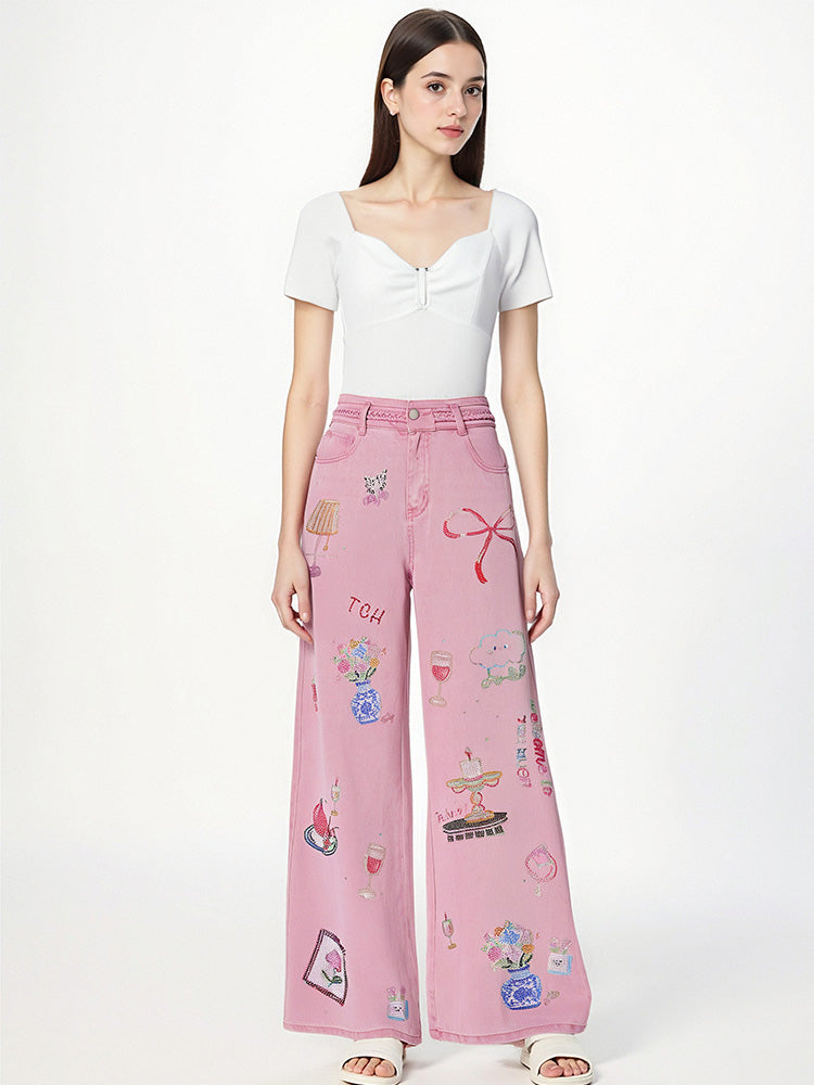 TCH Graphic Rhinestone Colorful Wide Leg Pants