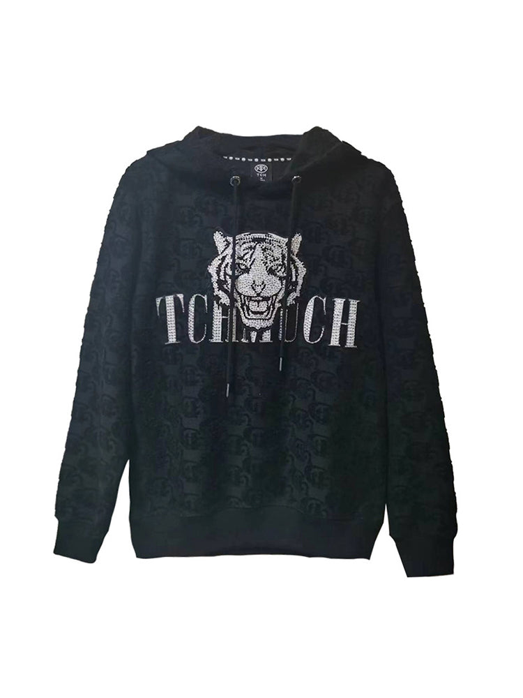 TCH Jacquard Tiger Rhinestone Black Hoodie