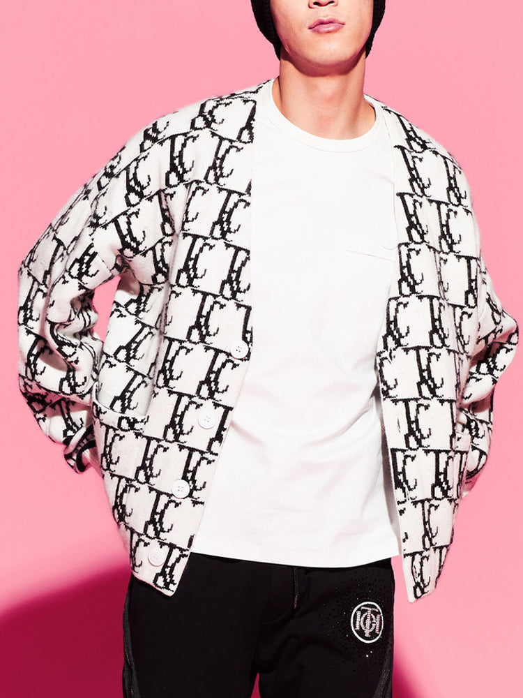 TCH Unisex White Jacquard Knit Cardigan