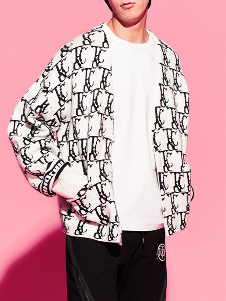 TCH Unisex White Jacquard Knit Cardigan