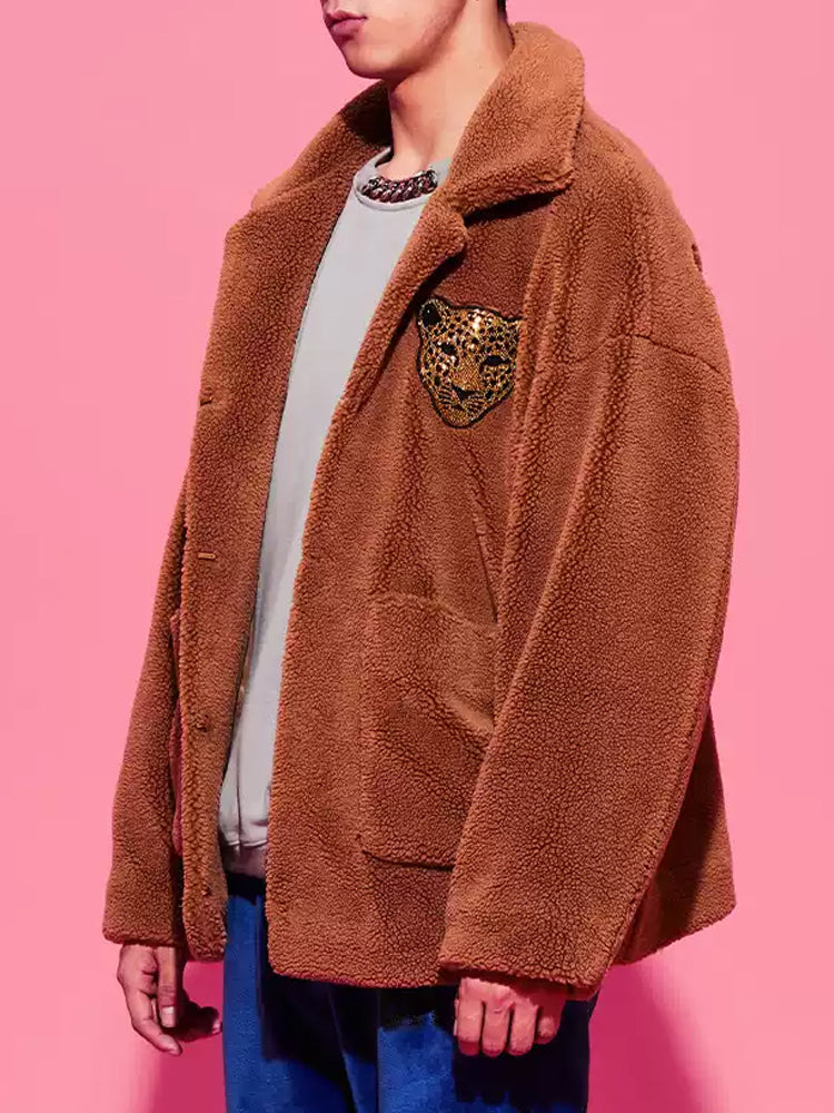 TCH Graphic Rhinestone Faux Shearling Jacket