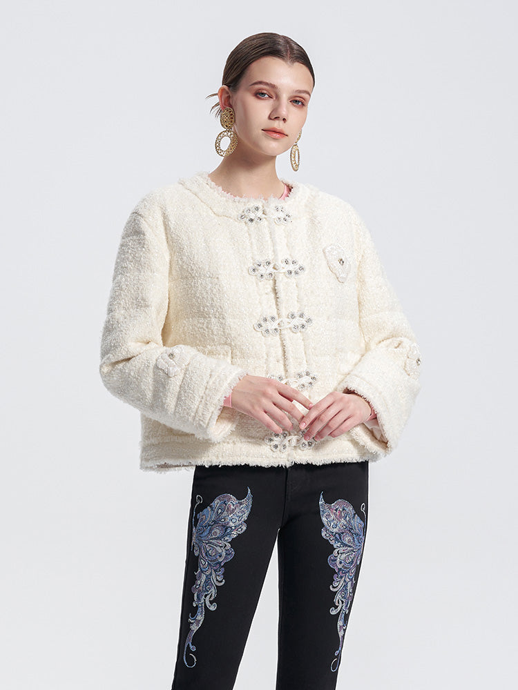 TCH Rhinestone Button Braided Tweed Jacket