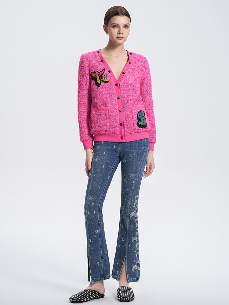 TCH Rhinestone Graphic High-Waisted Flared Jeans