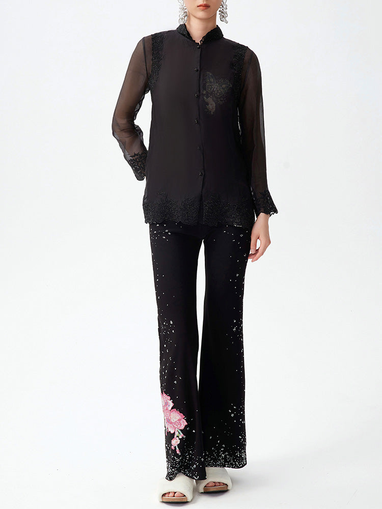 TCH Silk Butterfly Rhinestone Button Lace Vest