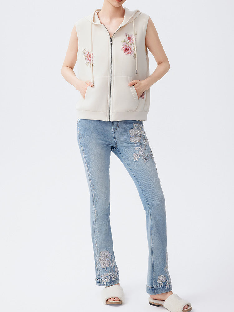 TCH Rhinestone Floral Graphic Print Zipper Vest