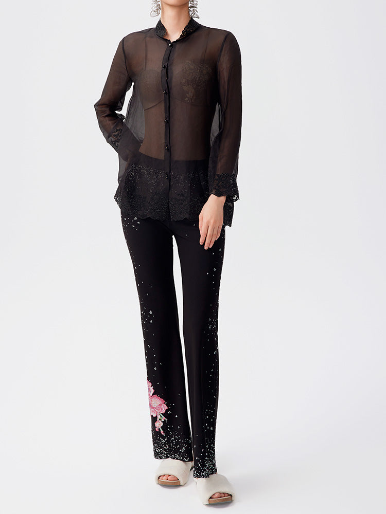 TCH Silk Butterfly Rhinestone Button Lace Shirt