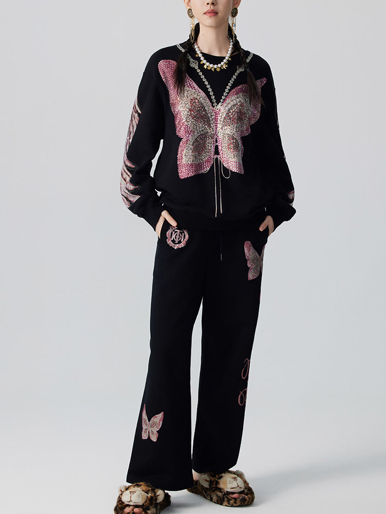 TCH Pink Rhinestone Butterfly Wing Sleeve Sweatshirt