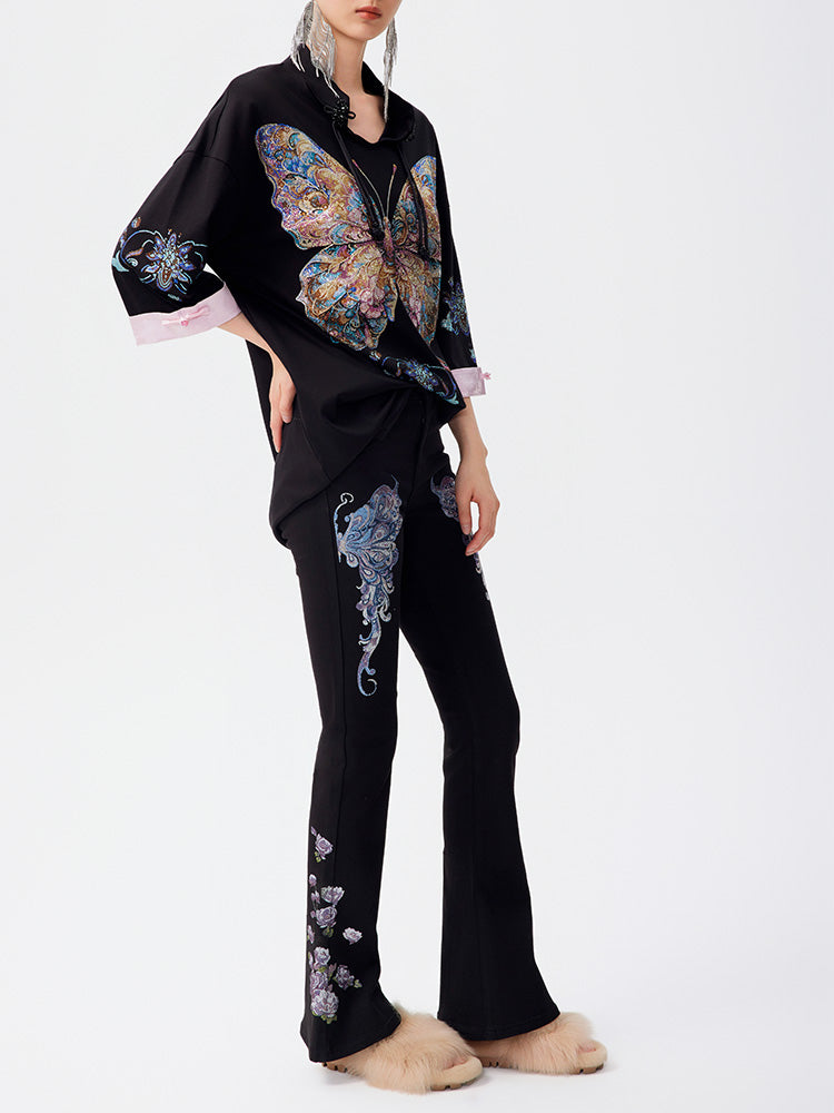 TCH Rhinestone Butterfly High-Waisted Flared Pants
