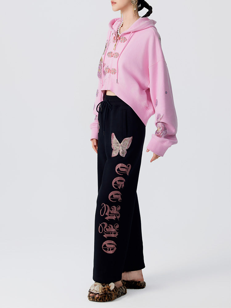 TCH Luxury Dragon Rhinestone Sparkle Sweatshirt with Floral Sleeve