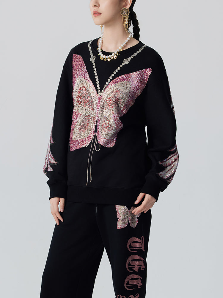 TCH Pink Rhinestone Butterfly Wing Sleeve Sweatshirt