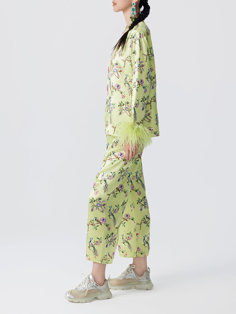 TCH 2 Piece Rhinestone Floral Feather Trim Top and Pants