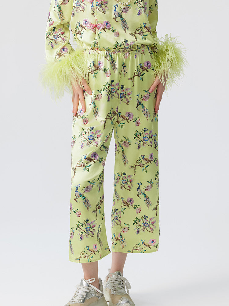 TCH 2 Piece Rhinestone Floral Feather Trim Top and Pants