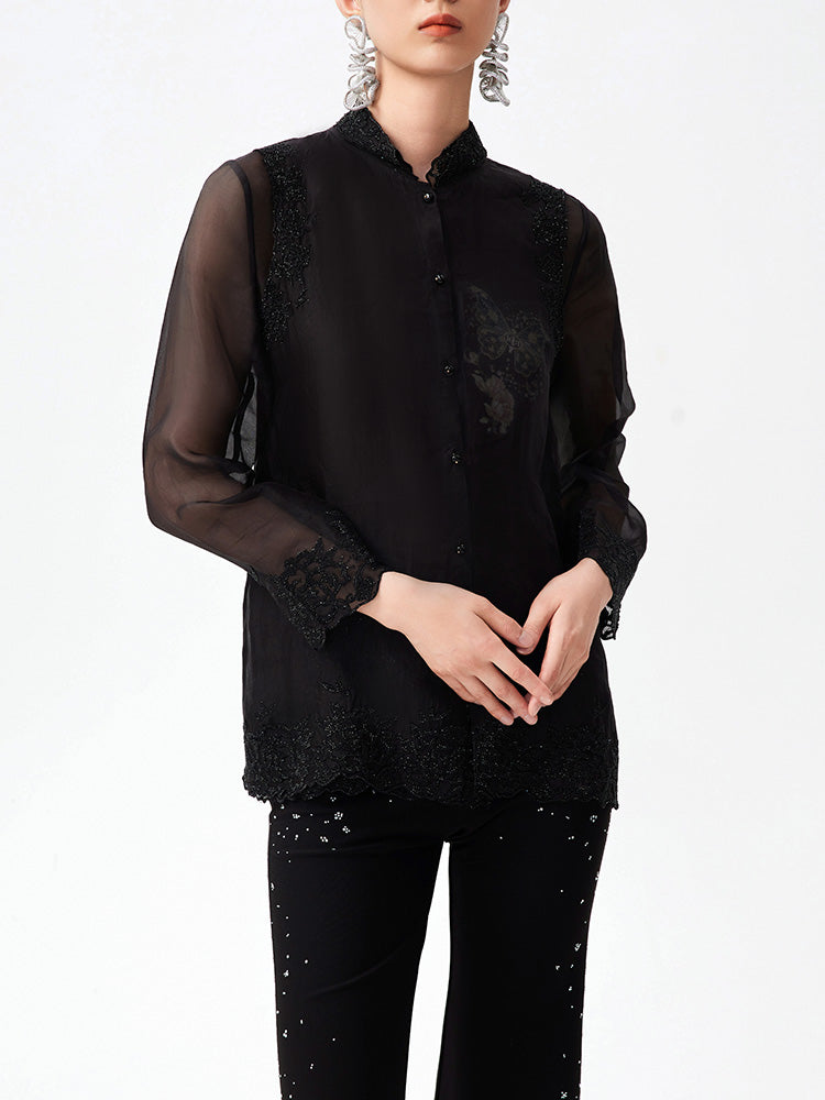 TCH Silk Butterfly Rhinestone Button Lace Vest