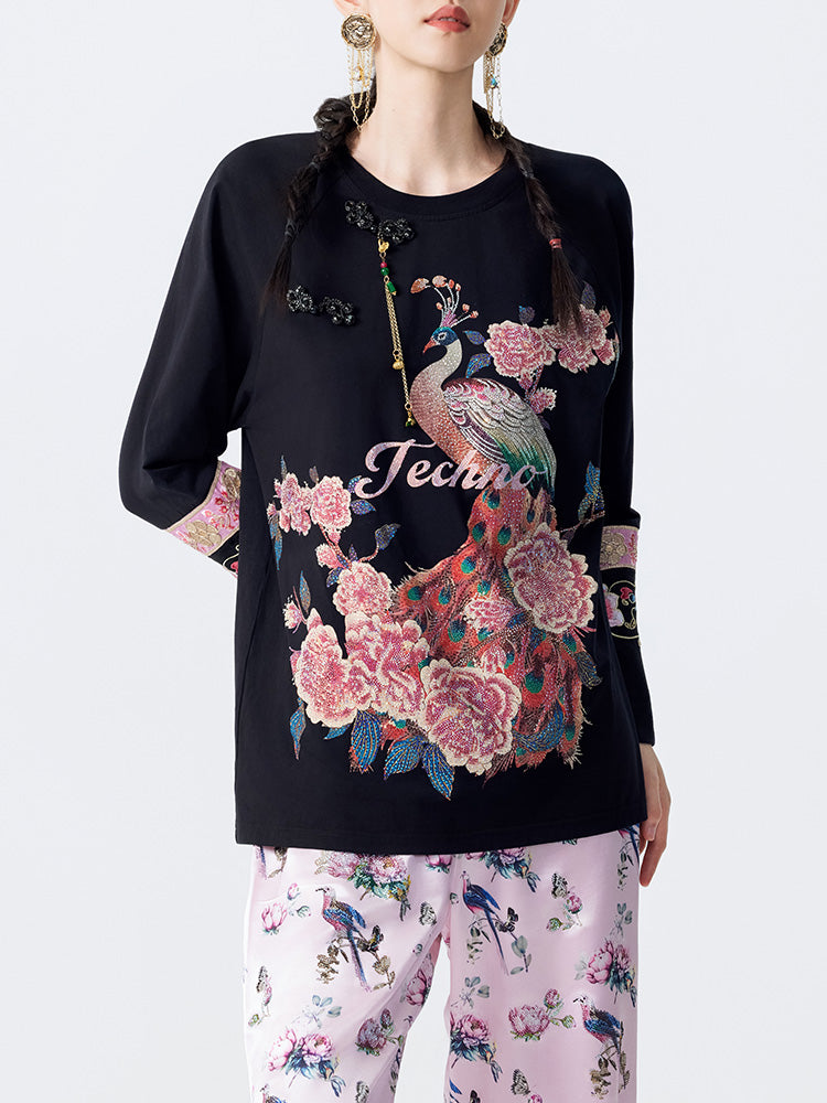 TCH Luxury Rhinestone-Embellished Peacock Pullover Top