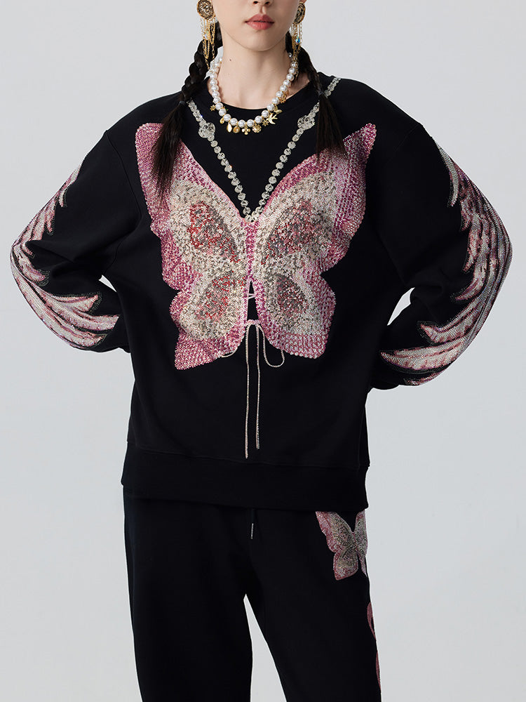 TCH Pink Rhinestone Butterfly Wing Sleeve Sweatshirt