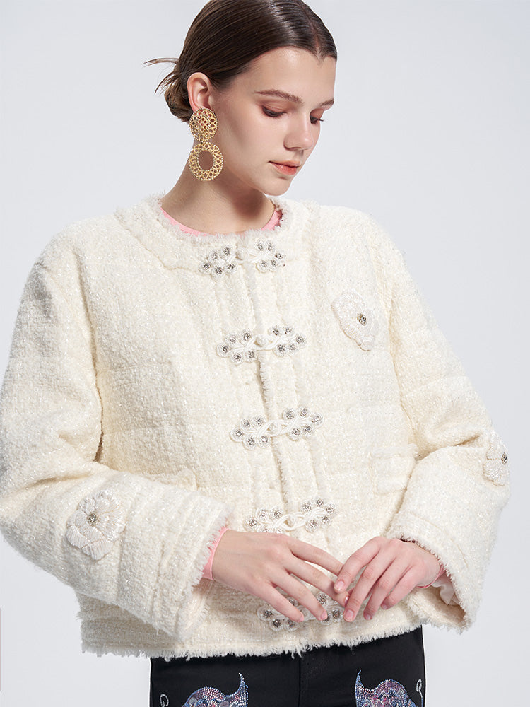 TCH Rhinestone Button Braided Tweed Jacket
