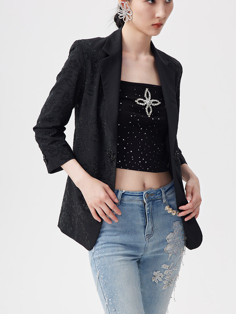 TCH Rhinestone Graphic Straight Textured Blazer