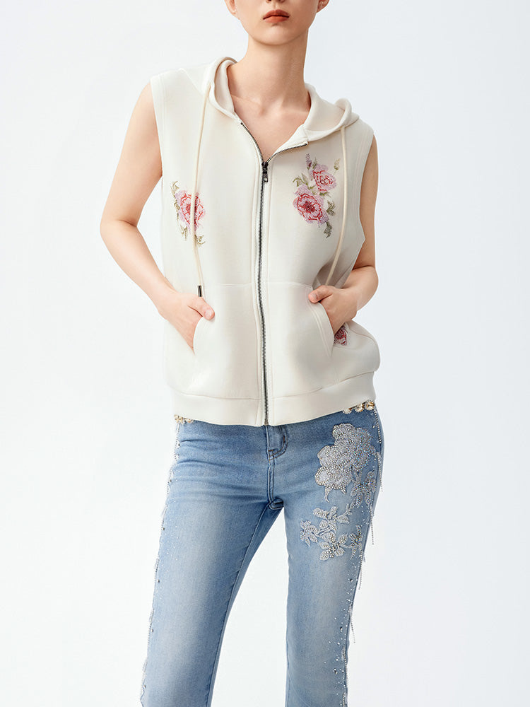 TCH Rhinestone Floral Graphic Print Zipper Vest