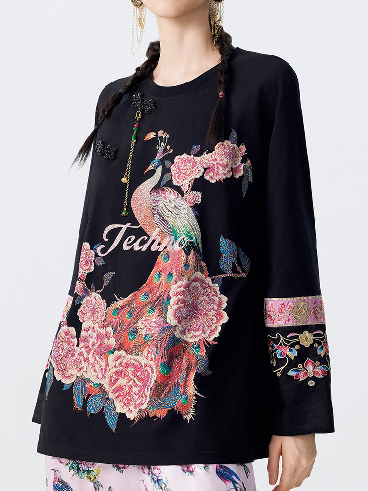 TCH Luxury Rhinestone-Embellished Peacock Pullover Top